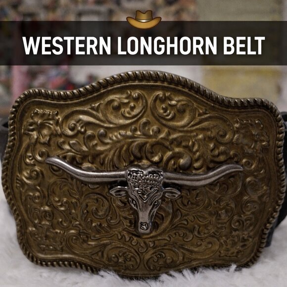 Accessories - Western Longhorn Skull Statement Belt Engraved Gold Buckle Ranch Style